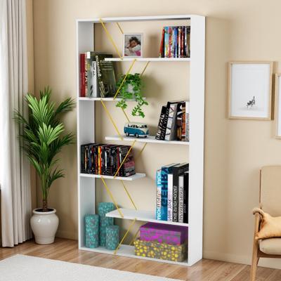 ZWYO HOSIMU "62"" 6-Shelf Wood Frame Etagere Bookcase in White/Chrome, Open Back Design, Industrial Style & Large Display Organizer for Office"