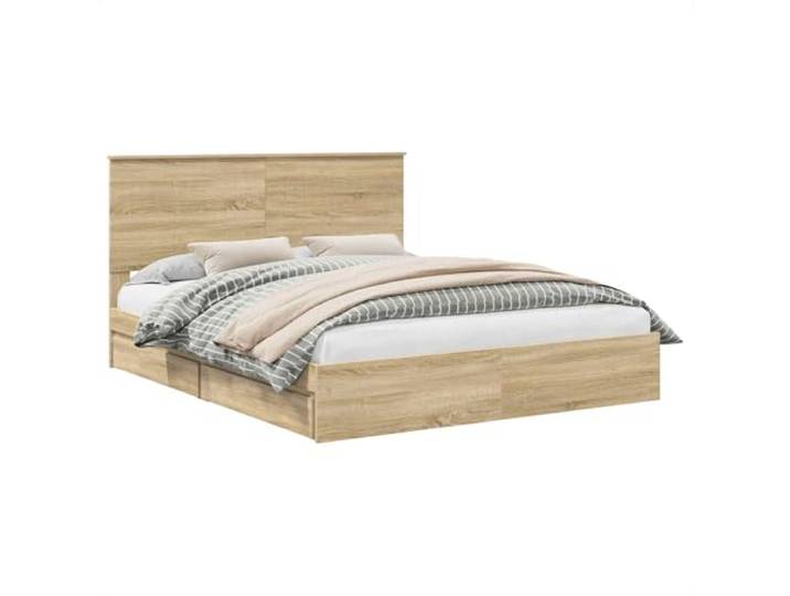 PUGYNBK Bett mit Aufbewahrung, Eiche Sonoma, 160 x 200 cm Technisches Holz, Schubladen mit Griffen, einfache Montage, minimalistisches Design, einfache Wartung
