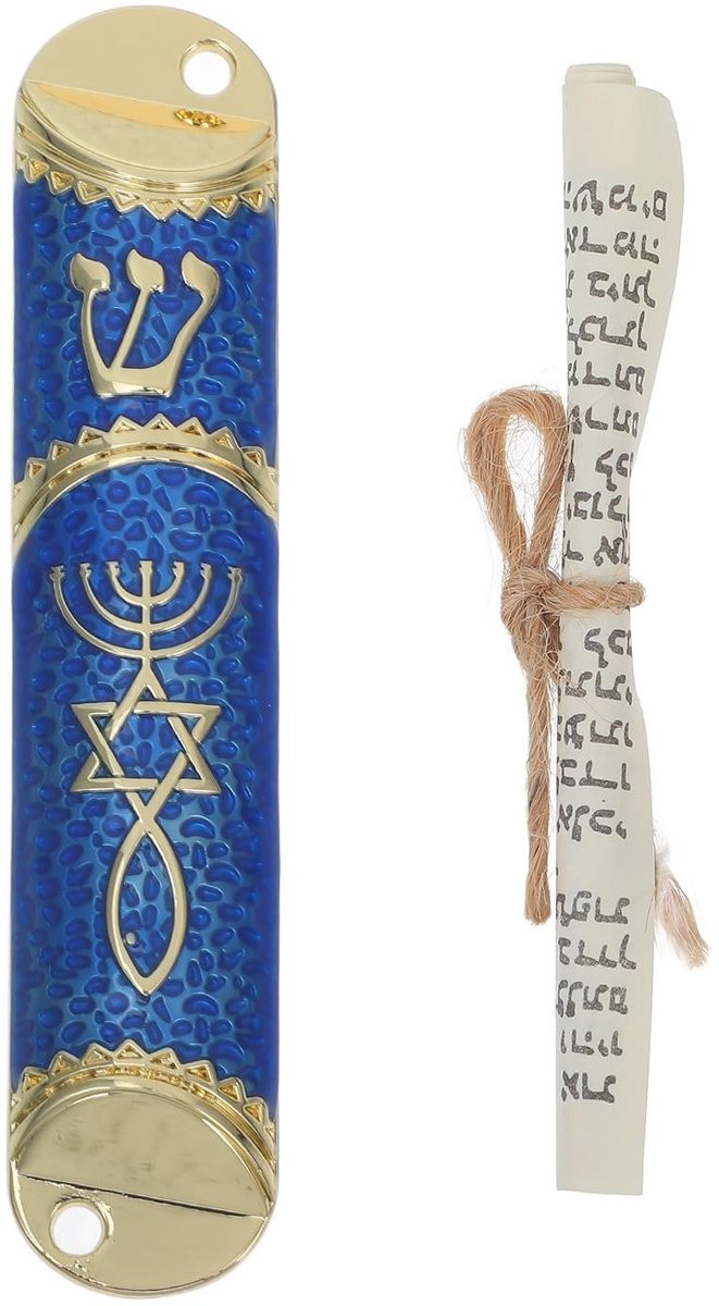 Cosensi Blauwe Metalen Mezuzah met Perkament - Joodse Decoratie in Retro Design