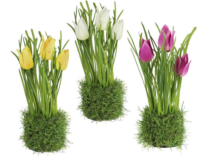 Kunstblume I.GE.A. Künstliche Tulpe im Gras , bunt (variiert), B:8cm H:21cm L:7cm, Polyester, Kunstpflanzen, Kunstblume, Osternest 3erSet Grasbusch Osterdeko Ostern Osternest Grasbusch