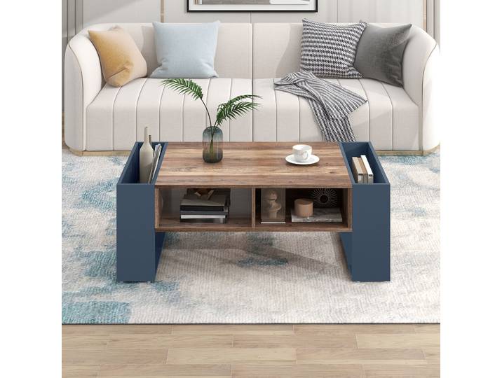 Table basse de rangement avec tiroir et compartiments latéraux, table d'appoint de canapé multifonctionnelle moderne, organisateur de salon en grain de bois
