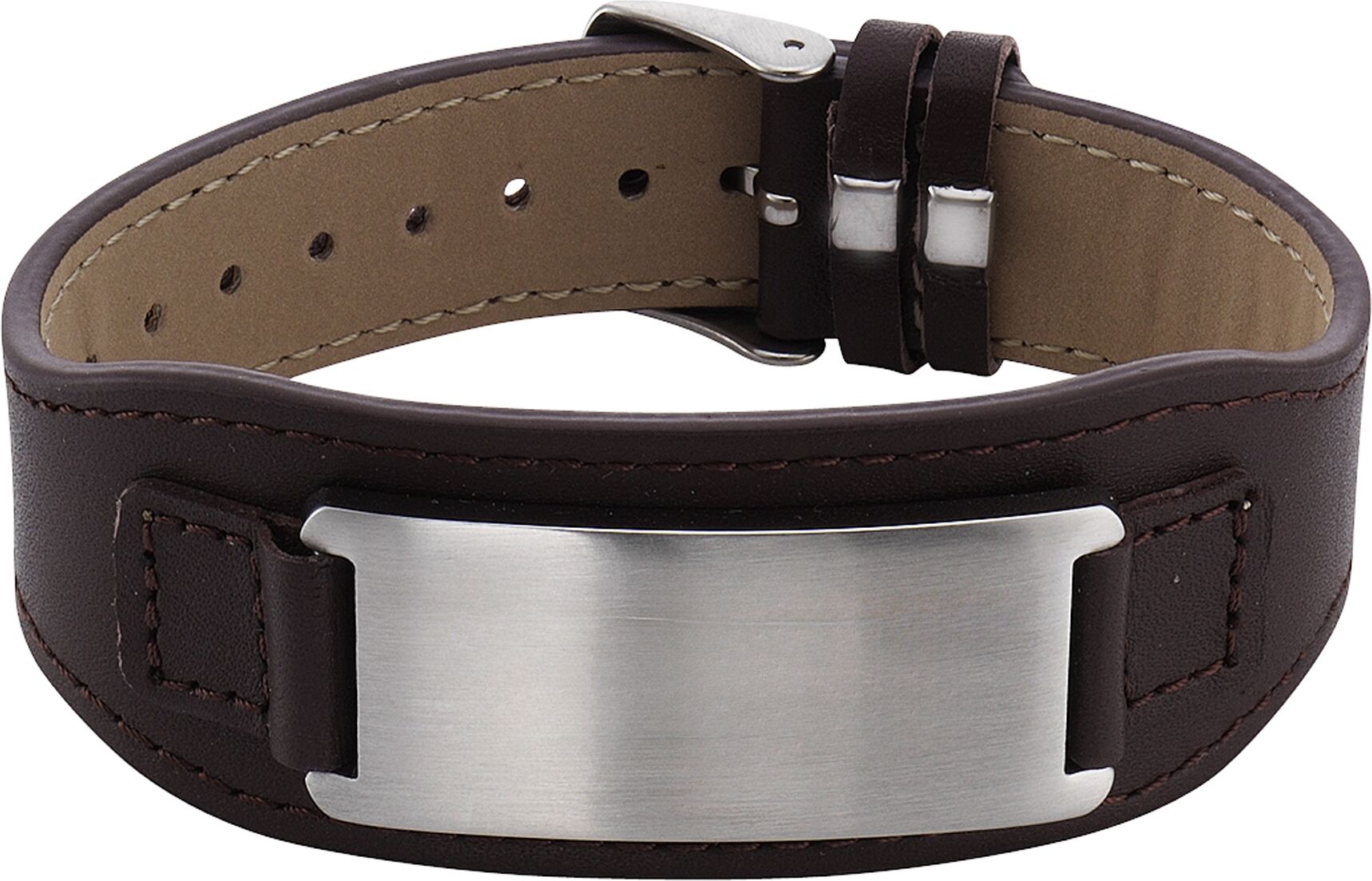 Armband FIRETTI "Schmuck Geschenk Lederarmband mit ID-Platte verstellbar", braun (edelstahlfarben, braun), Armbänder, Damen, 22cm, Edelstahl, Armband edelstahlfarben, braun 22cm, Edelstahl