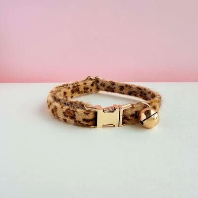 Inspired Living Personalized Leopard Print Cat Collar With Bell Custom Plush Adjustable Kitten ID Collar light Brown s