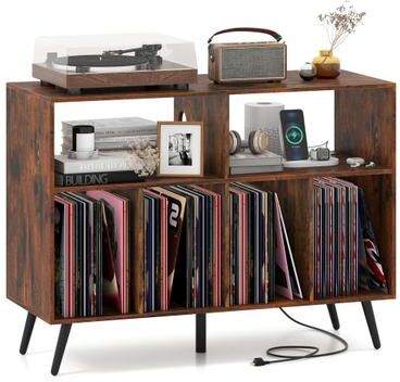 Costway Record Player Stand with Charging Station and Open Shelves-Rustic Brown