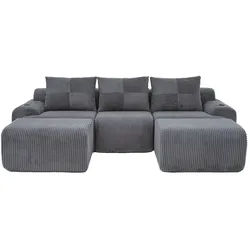 OKWISH Kombinationssofa aus Cord Dunkelgrau 268x174x66 cm, modular mit 2 Hockern, Cupholder und Seitentasche