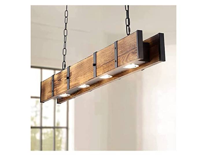 Moderne Hänge Pendelleuchten 4-leichter Holzfarmhaus LED Kronleuchter, Rechteck rustikal linear Anhänger Beleuchtung, Deckenlampenlampe for Esszimmer Restaurant Bar Kücheninsel Büro Büro Hängeleuchte