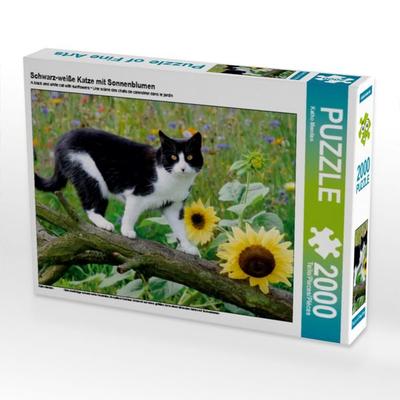 Schwarz-weiße Katze mit Sonnenblumen (Puzzle)