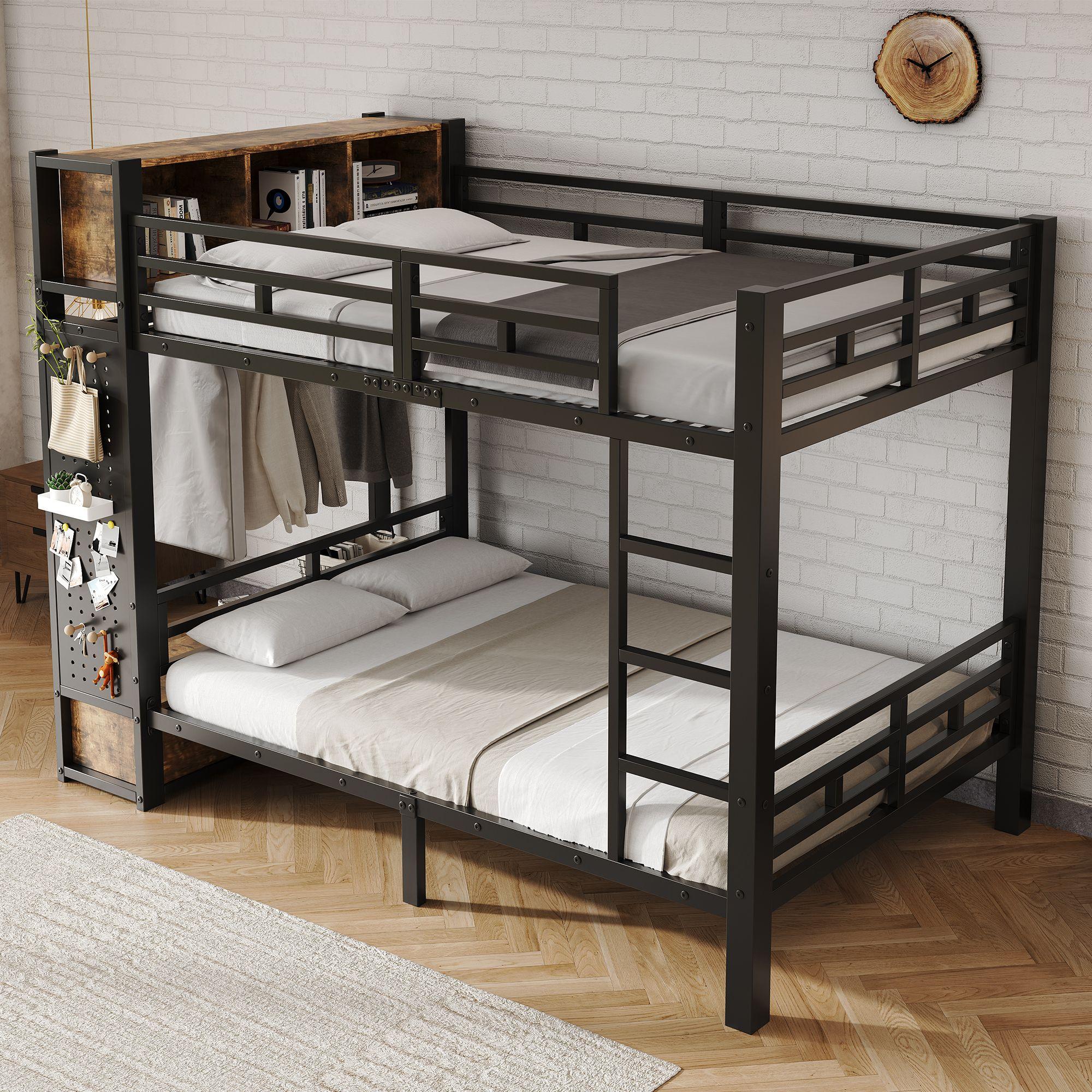 Merax Metallbett Etagenbett 120x200 cm mit Schublade, Stockbett mit Stauraum, Kinderbett mit Kleiderstange, Lochwand, Ablagefächern, EN 747, Schwarz