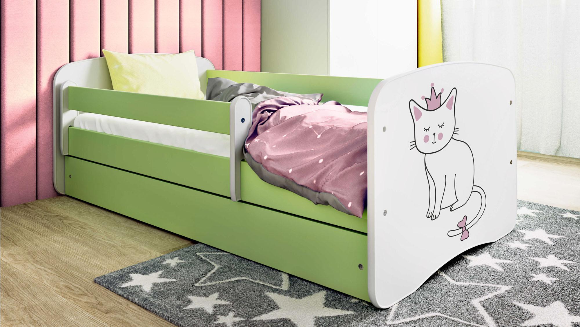 Kinderbett Grün 70x140 80x160 80x180 cm - mit Matratze, Rausfallschutz und Schublade - Jugendbett für Mädchen und Jungen - Stabil und Sicher - Katze - 160x80 cm