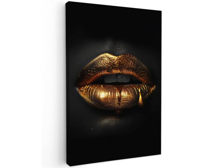 MuchoWow Leinwandbild - Frau - Porträt - Lippen - Gold - Schwarz - 60x90 - Kunstdruck, Textil, Kiefer, Abstrakt, Rechteckig, 60x90 cm, gerahmt, Bilder & Rahmen, Bilder, Wandbilder