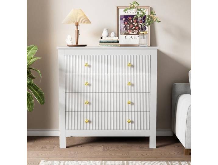 Commode - KOMHTOM - 79x39.5x80.5 cm - 5 tiroirs - Blanc - Poignées dorées
