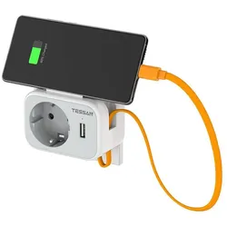 TESSAN Steckdosenadapter mit USB Ladefunktion, 1x Schutzkontakt, 1x USB-A, 15cm USB-C Kabel