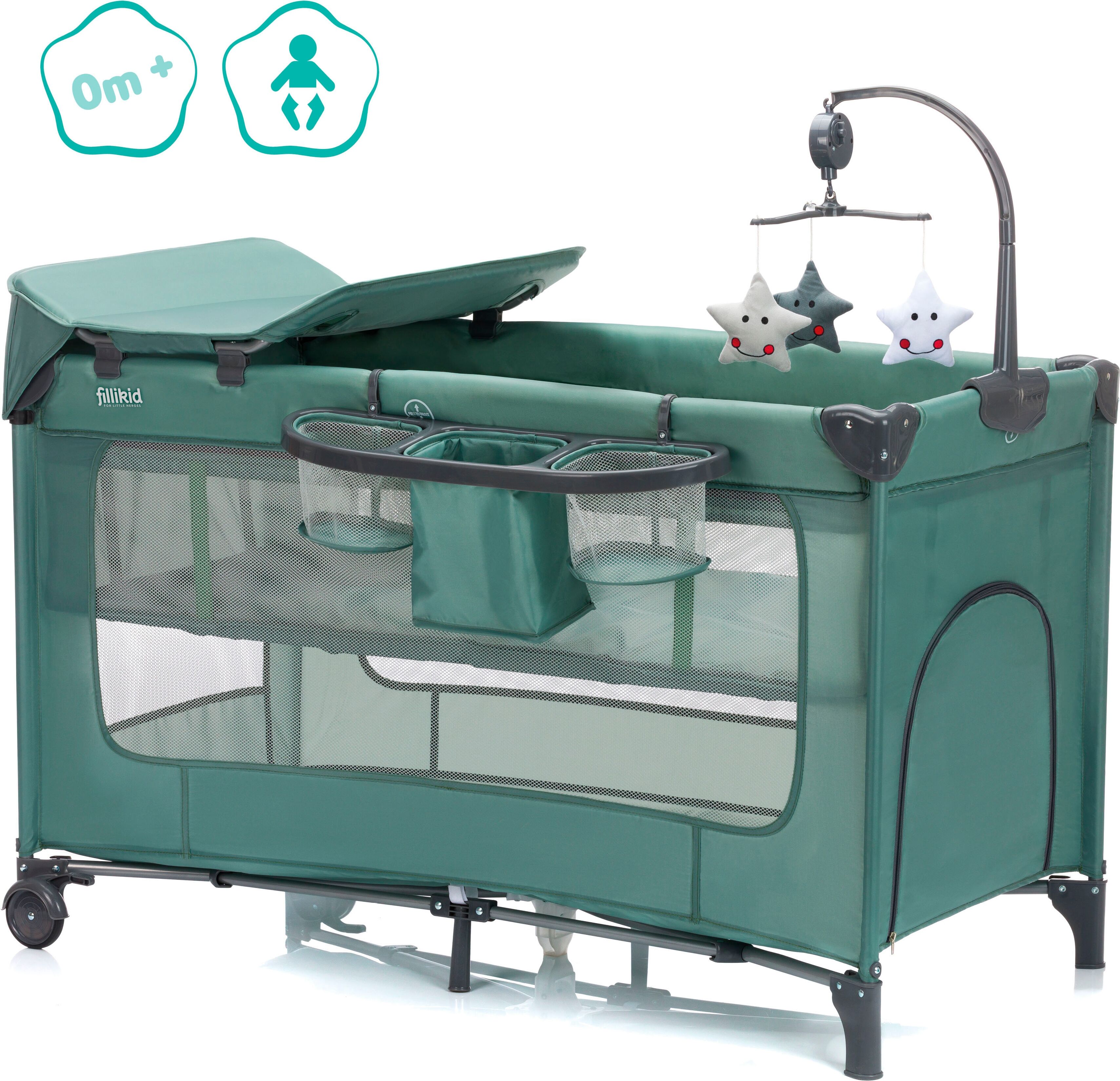 Baby-Reisebett FILLIKID "Capri", Kinder, Gr. B/H/L: 125cm x 76cm, kein Härtegrad, grün, Polyester, Babybetten Baby-Reisebett, mit 2 Rollen; Inkl. Transporttasche, Topseller