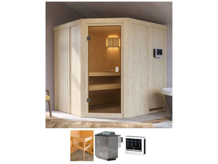 Sauna KARIBU Bodo , beige (natur), Bio-Ofen, externe Steuerung, 9 kW, Saunen, Sauna, Ofen 9 kW Bio externe Strg easy
