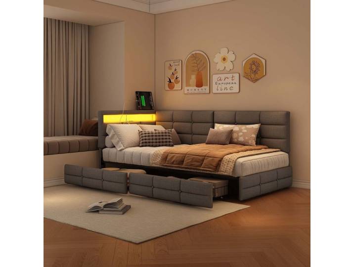 Canapé Lit 90x200 Lit Coffre Avec Led-YLSZHYR-Lit Rembourré Avec 2 Tiroir Lit Multifonctionnel Lit Capitonné Lin Gris