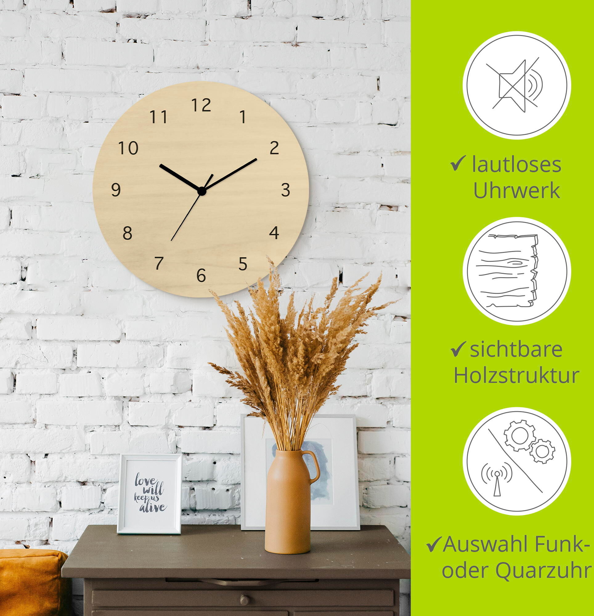 Wanduhr ARTLAND "Ewige Einfachheit", beige (naturfarben), B:30cm H:30cm T:0,6cm, Wanduhren, Wanduhr, wahlweise mit Quarz- oder Funkuhrwerk, lautlos ohne Tickgeräusche naturfarben B/H/T: 30cm x 30cm x 0,6cm, Quarzuhr