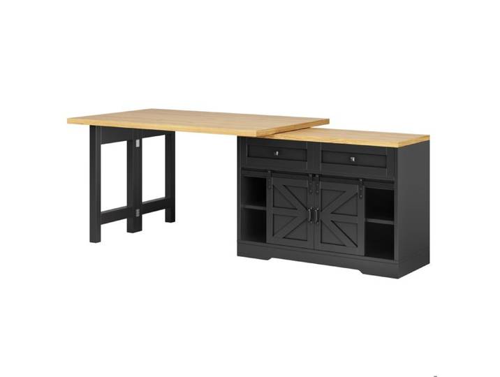 Îlot central de cuisine noir avec table extensible panneaux pivotants 360° rangement latéral MDF