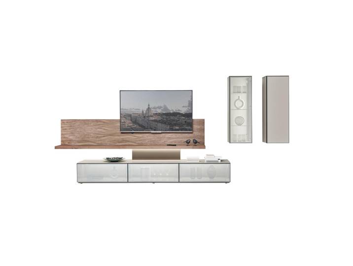 Ambiente Wohnwand, Taupe, Nussbaum, Holz, Glas, Nussbaum, furniert, 6 Fächer, 415x190x45 cm, individuell planbar, Beimöbel erhältlich, in verschiedenen Holzdekoren erhältlich, Wohnzimmer, Wohnwände, Anbauwände