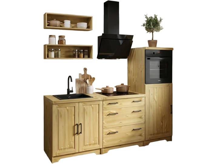Küchenzeile HOME AFFAIRE Meliss , braun (küche: natur, korpus: natur, arbeitsplatte: natur), B:220cm T:60cm, Komplettküchen-Sets, Küchenzeile, aus massiver Kiefer, mit Soft-Close-Funktion, 5-teiliges Set