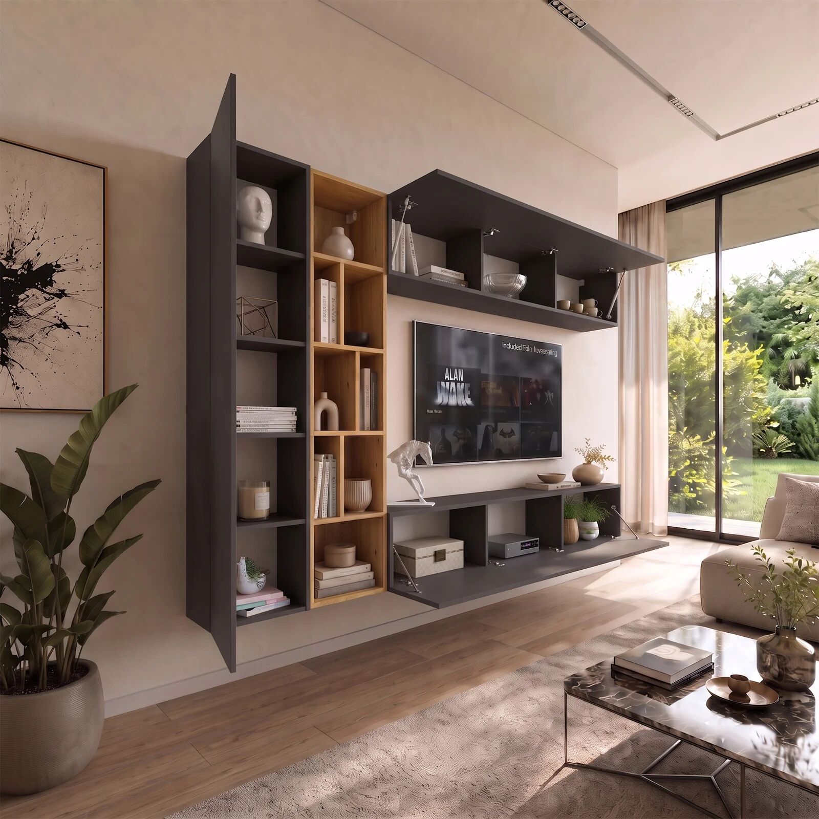 garneroarredamenti Parete attrezzata sospesa 224x160h cm moderna antracite rovere Artemisia