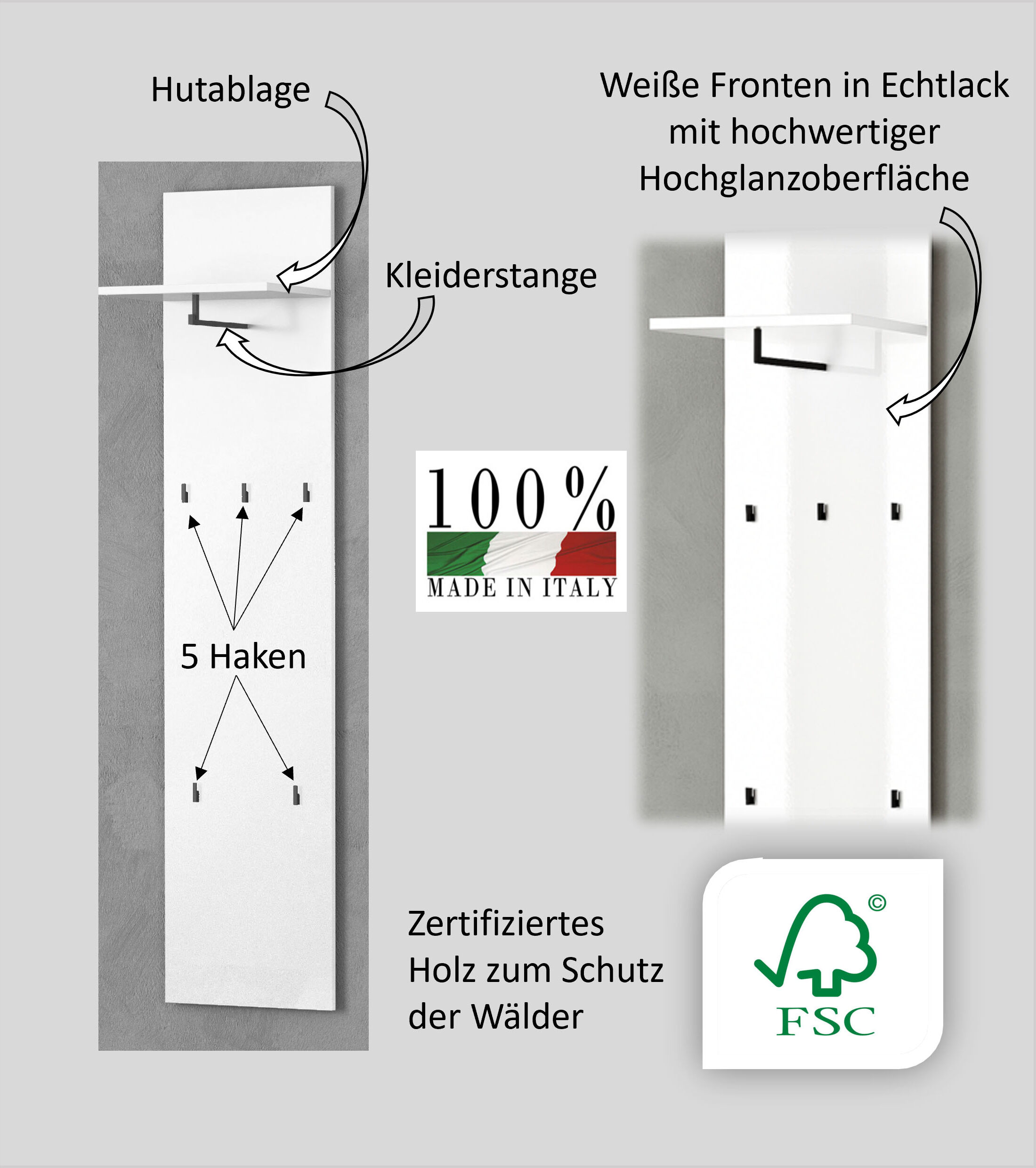 Garderobenpaneel HOME AFFAIRE "Wandpaneel ZIPPO mit 5 Haken und Hutablage, zur Wandmontage", weiss (weiß hochglanz), B:40cm H:170cm T:26cm, Holzwerkstoff, Garderobenpaneele, Garderobenpaneel, Wandpaneel, Hochglanz lackiert, Made in Italy, B/H: 40/170 cm w