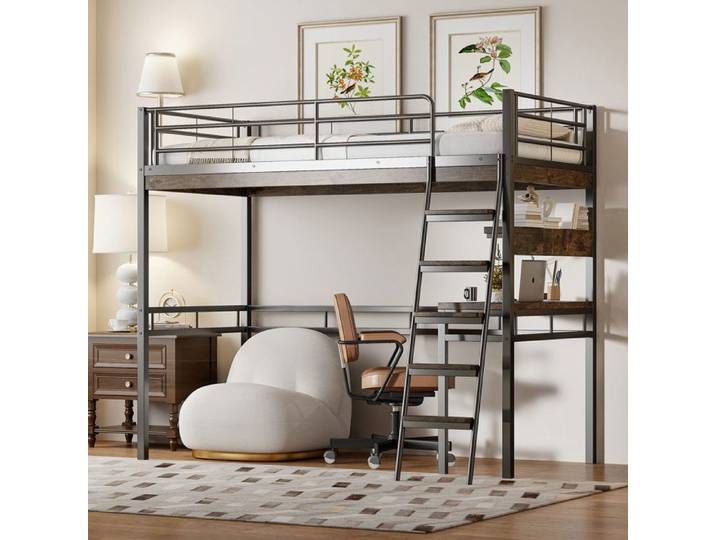 Lit mezzanine enfant 90x200 cm avec bureau lit mezzanine avec étagère garde-corps échelle cadre de lit métal noir