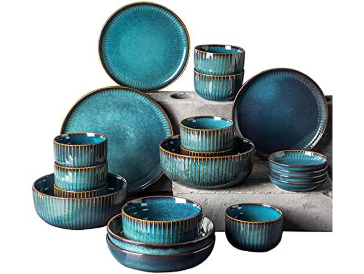 fikujap Steingut Geschirr Set, modern Teller Set,Keramik tafelservice speiseteller, Vintage Geschirr bunt,Fine Porcelain Crockery, Blue Dinner Plates, Deep Soup Plates,Serving Dishes 28-Piece