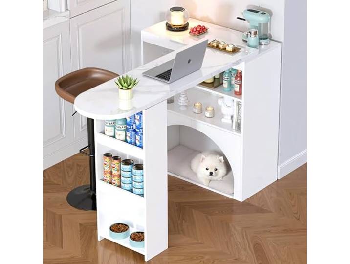 Moderner ausziehbarer Bartisch, ausziehbarer Esstisch, hochbeiniger Kleiner Bartisch, mit Lagerung und Haustierbereich, haustierfreundlich, geeignet für Esszimmer und Küche, weiß, 120 (+80)×40×100cm