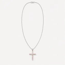 Indian Devotional Pendant - Silver Plated (45cm Chain)- Rose Quartz Crucifix