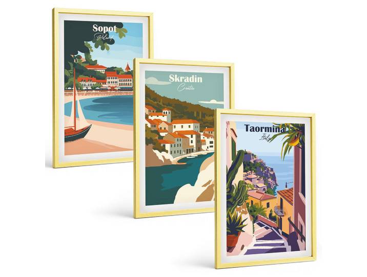 Tulup Bilder SET 3er Set - 40x60 cm Goldrahmen - Illustrationen von Küstenstädten, Goldfarben, Kunststoff, Rechteckig, 40x60 cm, gerahmt, Bilder & Rahmen, Bilder