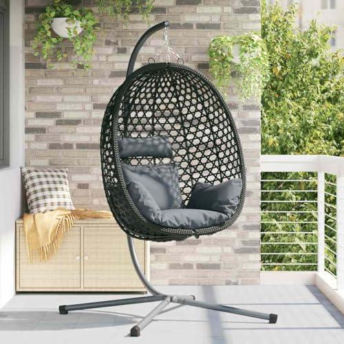 Hängender Ei-Stuhl in Anthrazit und Schwarz aus Poly-Rattan, 104 x 100 x 191 cm, mit Kissen, Kopfstütze und Ständer für Garten, Balkon und Terrasse