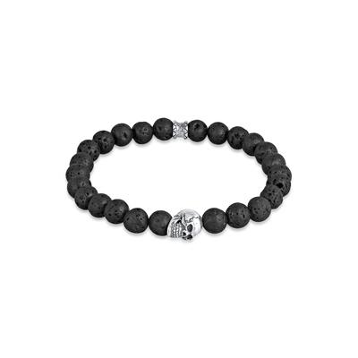 Armkette KUZZOI "Armband Herren Totenkopf Lava Stein Perlen 925 Silber" Gr. 230, schwarz, Armbänder, Herren, 230, Silber 925 (Sterlingsilber), Armkette