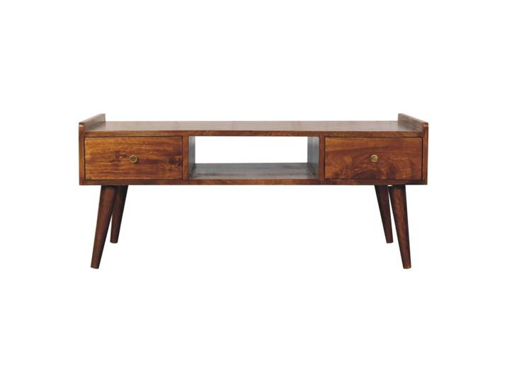 Artisan Furniture Tv-Einheit Massivholz Erhöhtes Kastanienbraun, 2 Schubladen und Offenes Fach, Dunkelbraun, Mangoholz, Echtholz,Mangoholz, 1 Fächer, Rechteckig, 100x43x50 cm, Wohnzimmer, TV Möbel, Lowboards, Lowboards stehend