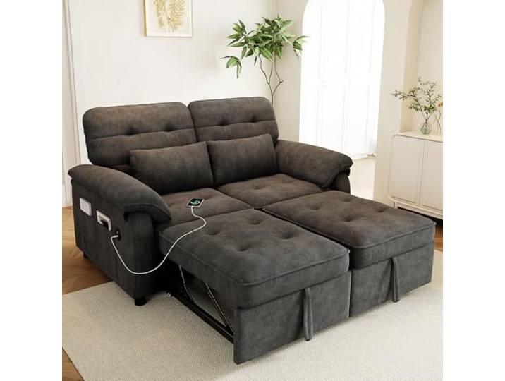 BTM 2-Sitzer Schlafsofa mit Verstellbarer Rückenlehne, Sofabett mit USB‑Ladeanschluss Schlafcouch Ausziehbar Grau