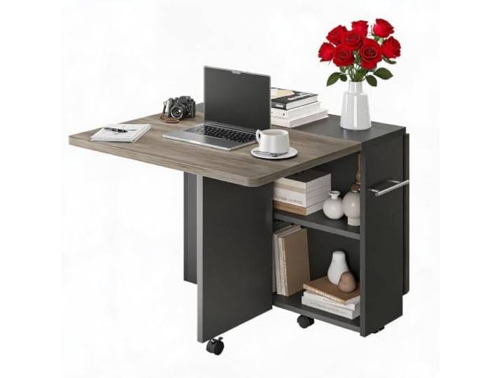 IDEALHOUSE Klappbarer Esstisch Auf Rollen, Platzsparend Mit Ablageregal 2‑stufiges Ablageregal, 6 feststellbare Rollen, Drop‑Leaf‑Design, ideal für Apartments und kleine Wohnbereiche.