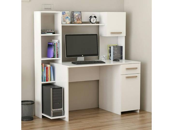Bureau ordinateur fixe blanc avec rangement et étagères MARFA