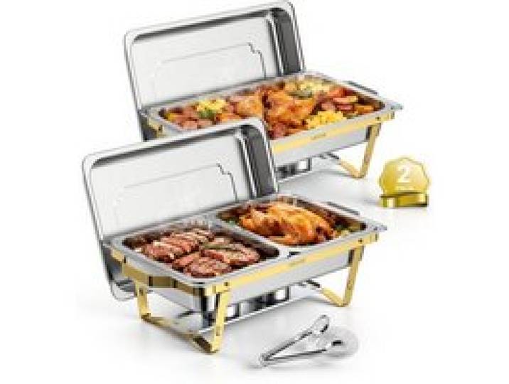 VEVOR Chauffe Plat 2PCs 8,5 L Buffet Chauffant Inox 3 Bacs Interchangeables, pour Hôtel Mariage Restauration Traiteur CHR, Réchaud Rectangulaire, Chafing Dish Cadre Pliable, Kit Complet avec Pince
