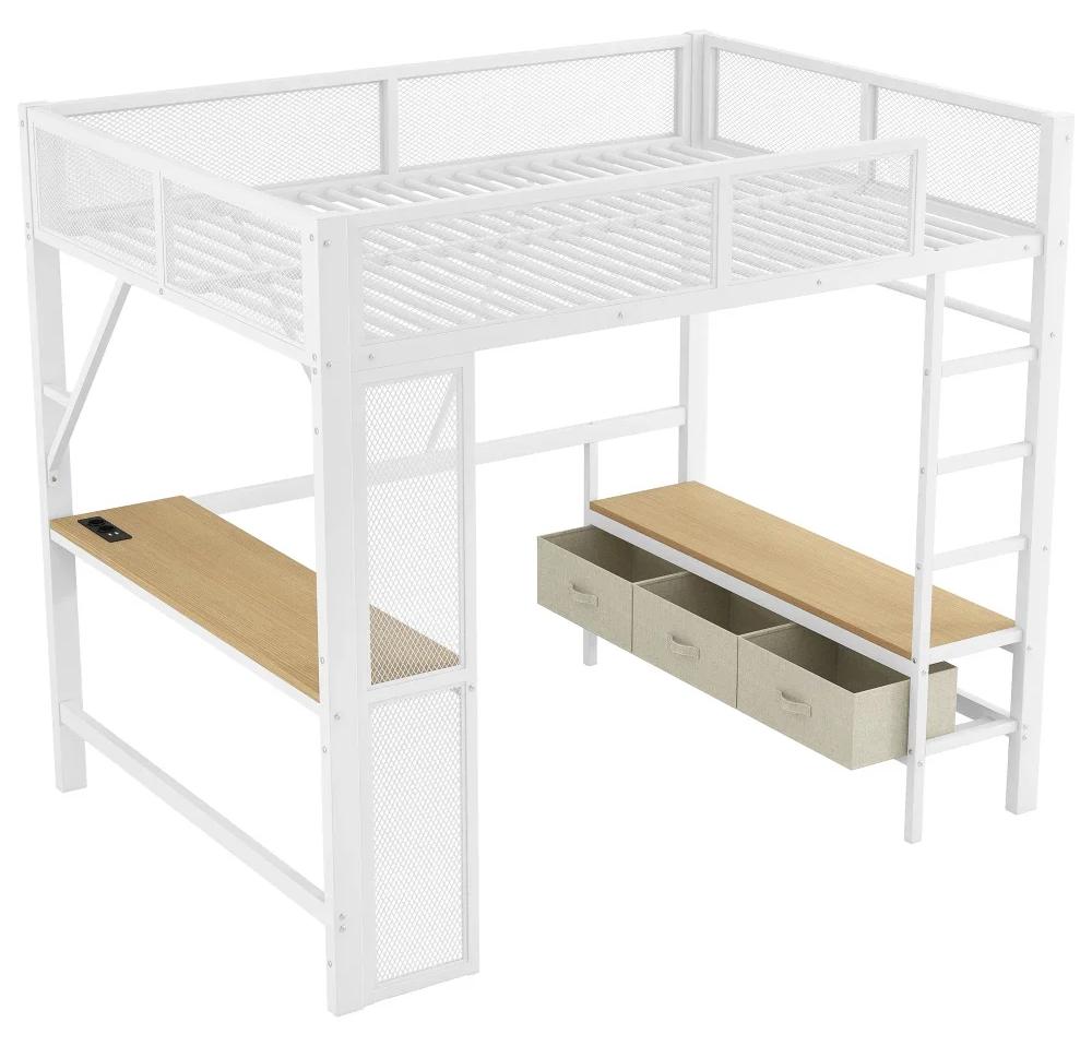 Kinderbett-Set - Metallbett mit Kleiderschrank - 140 x 200 cm - Offener Kleiderschrank - 3 Schubladen - USB-Anschluss - LED-Beleuchtung - Weiß