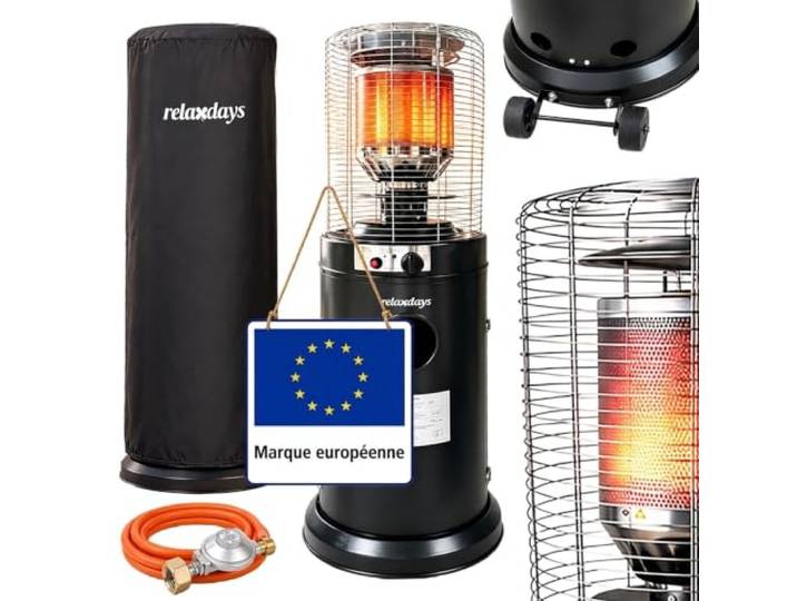 Relaxdays Chauffage radiant au gaz\, noir Parasol chauffant\, extérieur\, 11 kW\, 136 x 46 cm\, acier\, roulettes\, allumage piézo\, thermocouple\, housse\, propane