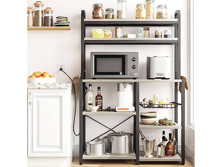 IDEALHOUSE 6-stufiges Küchenregal mit Steckdose – Mikrowellenständer aus Drahtkorb & MDF – Rustikales Sideboard mit großer Ablagefläche – Farbe: Grau