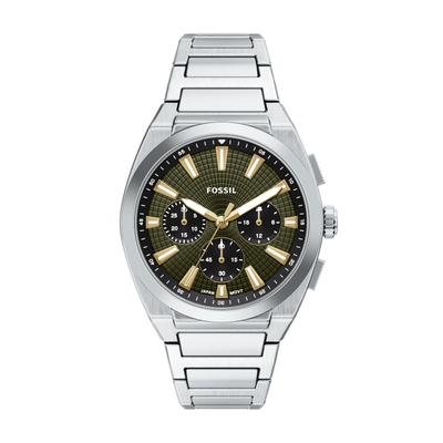 Chronograph FOSSIL "Everett", silber (edelstahlfarben, grün, grün), Armbanduhren, Herren, edelstahlfarben, Chronograph, Quarzuhr, Armbanduhr, Edelstahlarmband, analog, Tag, Stoppfunktion