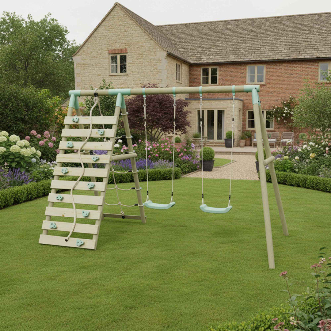 Mercia Garden Products Mercia Wooden Round Pole Double Swing With Climbing Wall Green Wood