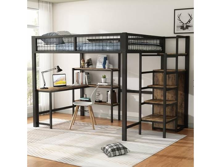 Merax Hochbett 140x200 mit Schreibtisch, Kleiderschrank, mehrere Regale, Metallbett Bettgestell mit Lattenrost (ohne Matratze) für Kinder/Erwachsene, Schwarz