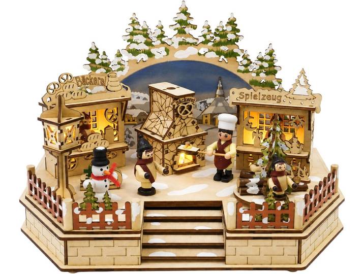 Spieluhr OTTO HOME LED Weihnachtsdorf aus Holz, 1 Stück, Timerfunktion , braun (natur), B:30cm H:20,5cm T:22cm, Sperrholz, Spieluhren, Spieluhr, Weihnachtsdorf aus Holz mit LED, Gratis-Hänger, 6h-Lichttimer