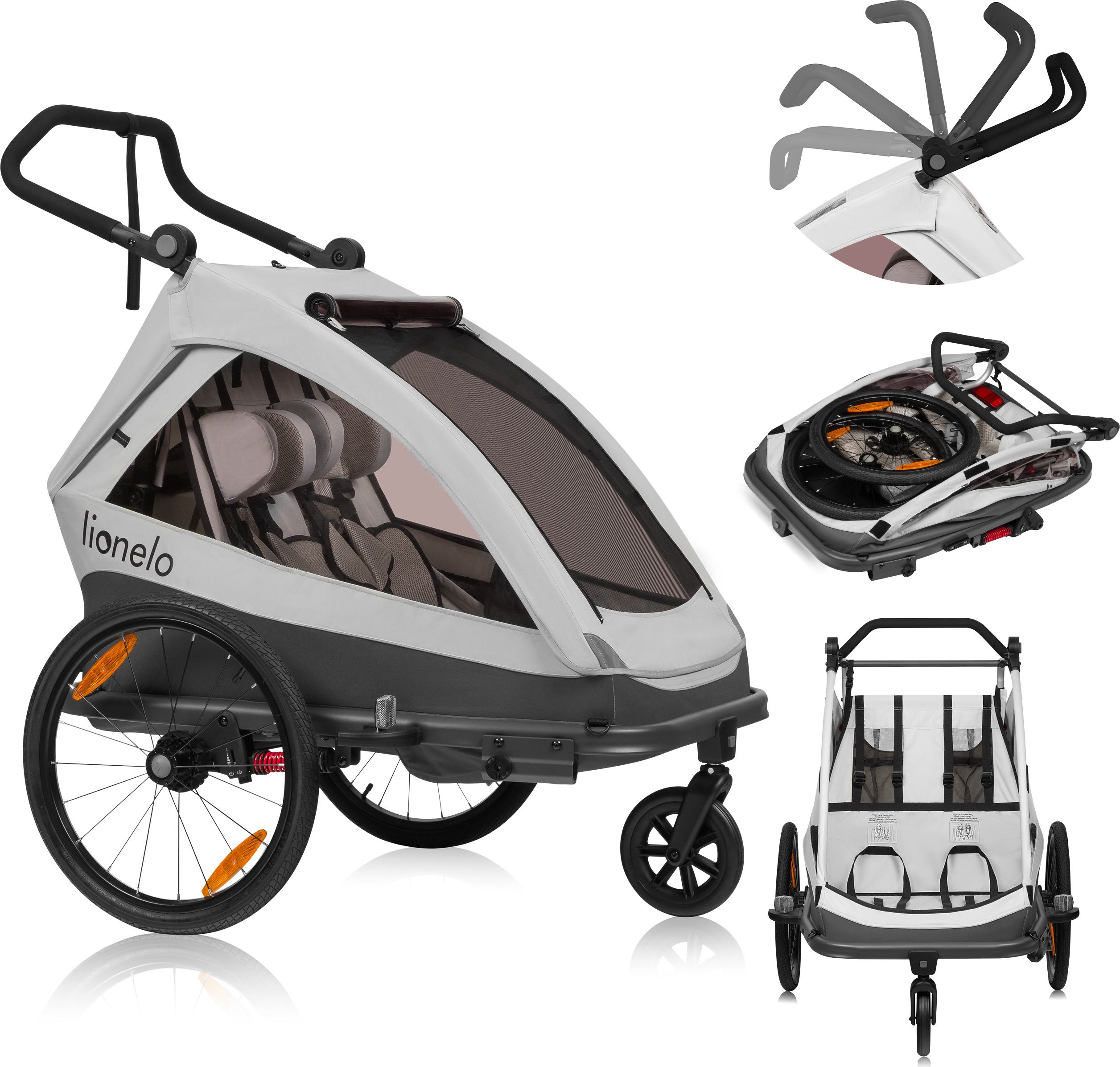 Lionelo Kinderanhänger Cama 2-in-1 Produkt Fahrradanhänger und Kinderwagen, das Produkt wächst mit dem Kind bis zum Alter von 6 Jahren - Grau