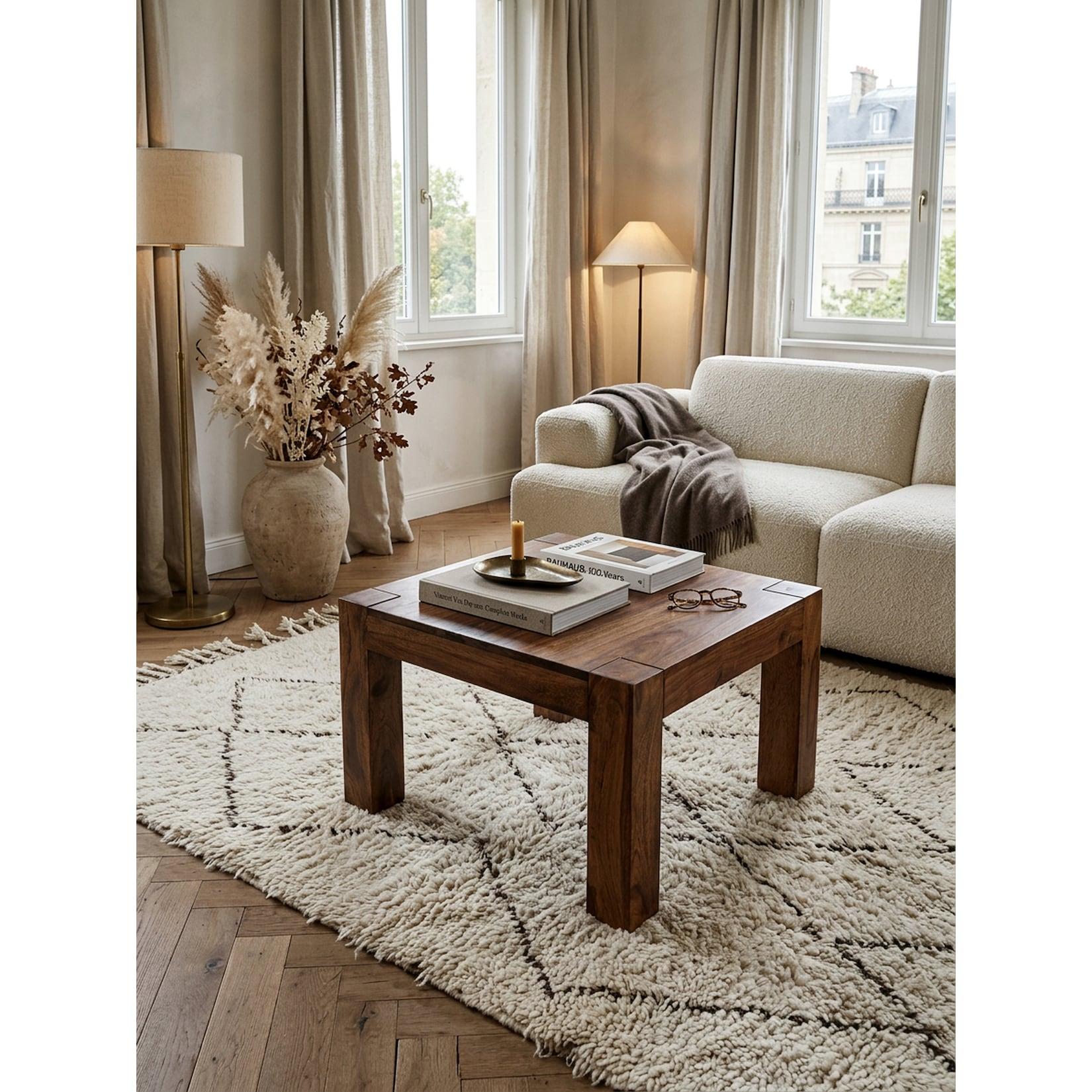 Couchtisch MUMBAI aus Massivholz im Landhaus-Stil mit natürlichem Design, Dunkelbraun 60x60x40 cm