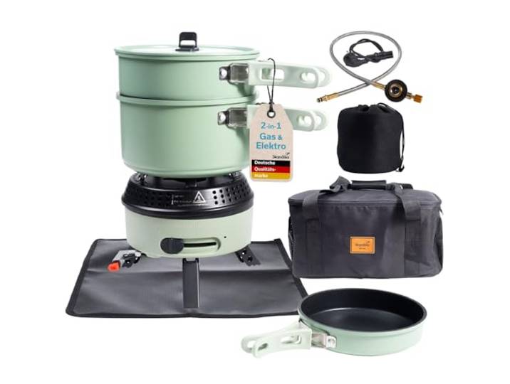 Skandika Campingkocher Rask Camping Kocher Hybrid, 2 in 1 Betrieb mit Strom oder Gas, Piezozündung, mit Geschirr, Topf, Pfanne, Set mit Unterlage & Tasche Gaskocher, elektrisch, Outdoor, tragbar