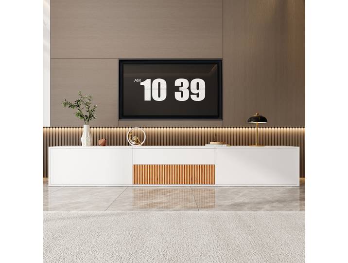 Meuble TV moderne PINGGO avec compatibilité projecteur, design unique, panneau de support TV, supports inférieurs pour divertissement à domicile