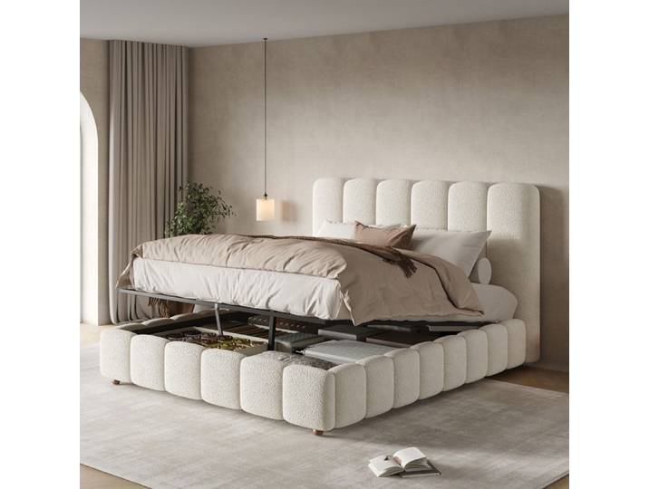 WUVRIE Lit coffre double 140 x 200 cm blanc bouclette sommier à lattes et ouverture hydraulique