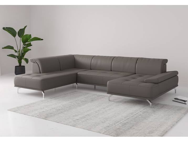 Wohnlandschaft, 334x235 cm, Naturleder®, Braun (Mocca), Mit Sitztiefenverstellung & Kopfteilverstellung, Modern